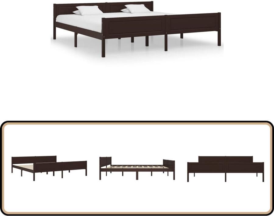 VidaXL Bedframe Massief Grenenhout Donkerbruin 200x200 cm Houten Bed Frame Modern Bed Design Bed Tweepersoons Bed Donkere Bruine Bed