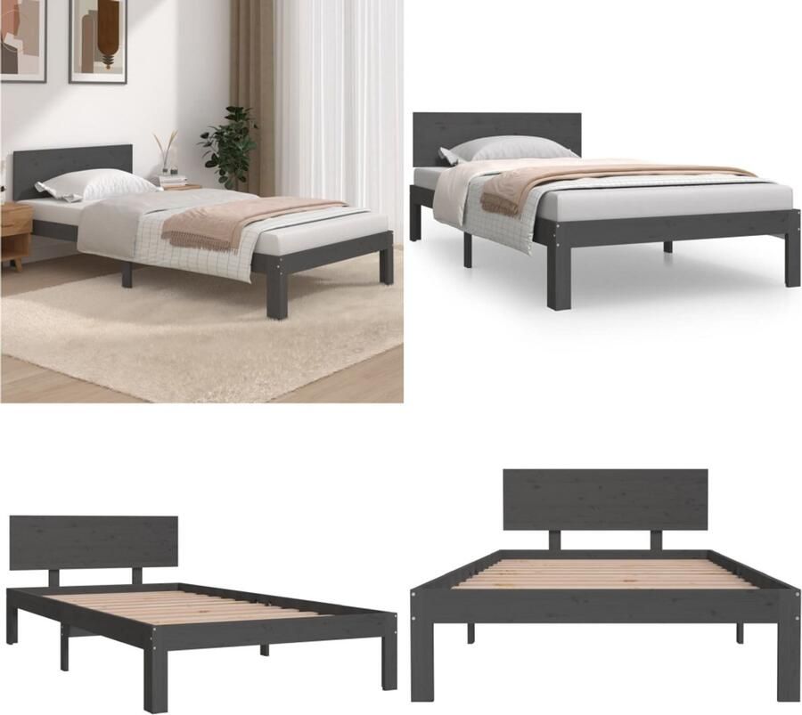 VidaXL Bedframe massief grenenhout grijs 100x200 cm Bedframe Bedframes Bed Bedbodem