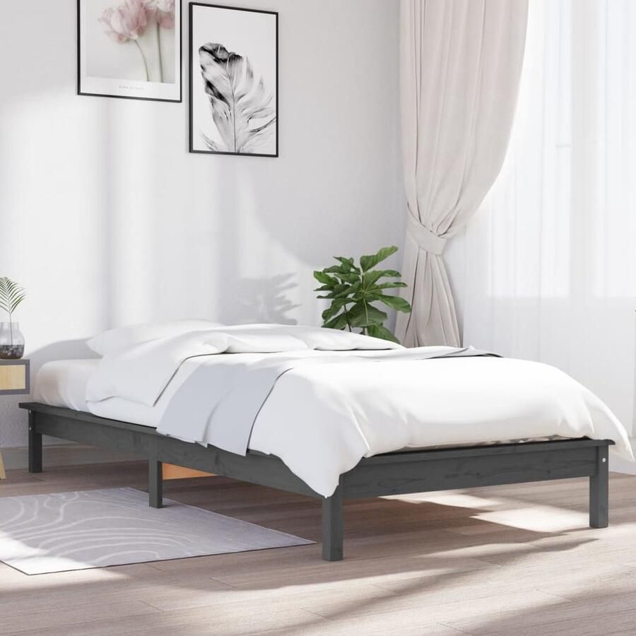 VidaXL Bedframe Massief Grenenhout Grijs 100x200 cm Houten Bed Massief Hout Bed Grenenhout Bed Tweepersoons Bed Grijze Bed Design Bed Modern Bed - Foto 2