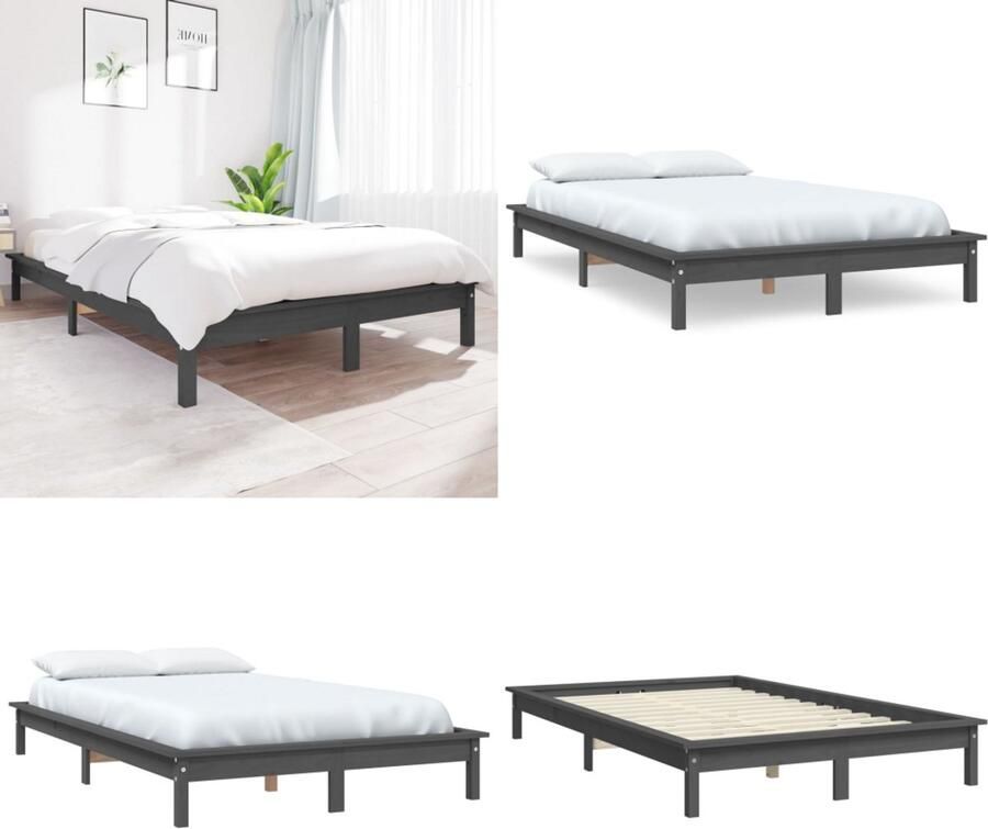 VidaXL Bedframe massief grenenhout grijs 135x190 cm 4FT6 Double Bedframe Bedframes Bed Bedbodem