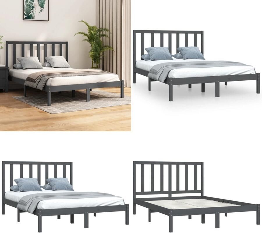 VidaXL Bedframe massief grenenhout grijs 135x190 cm Bedframe Bedframes Bed Bedbodem