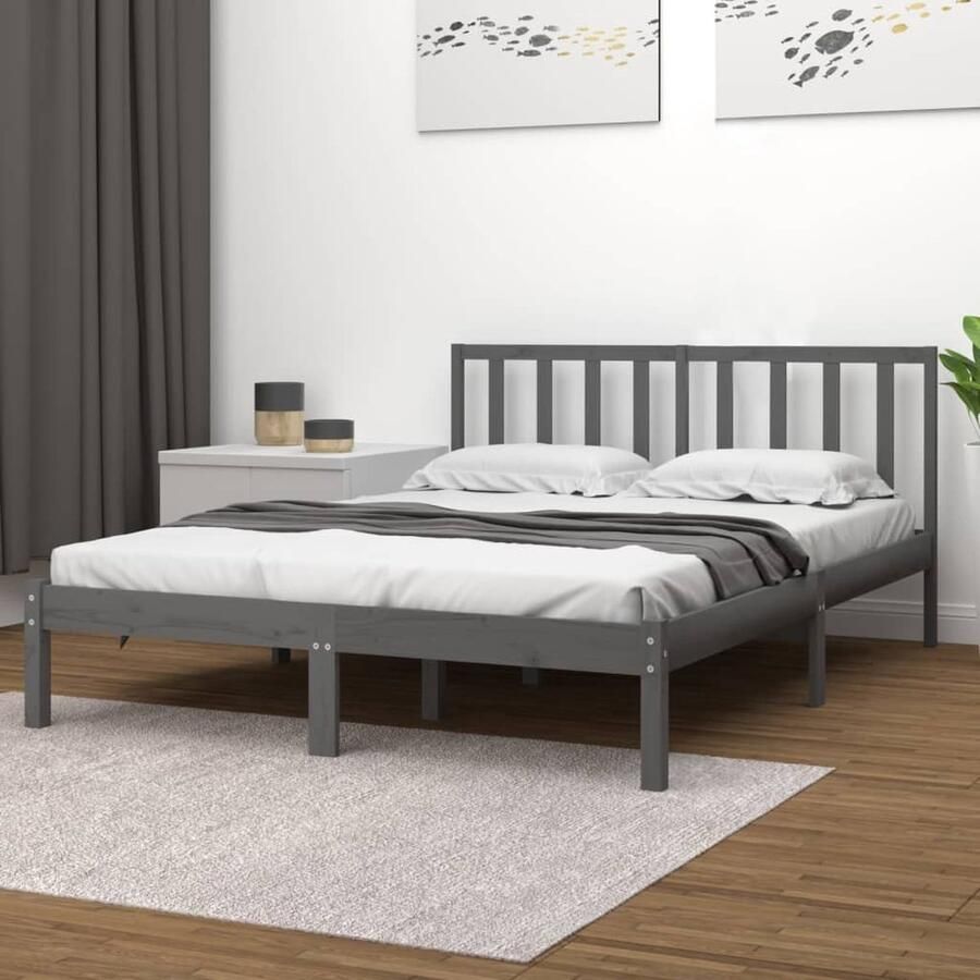 VidaXL Bedframe massief grenenhout grijs 135x190 cm 4FT6 Double Bedframe Bedframes Bed Bedbodem