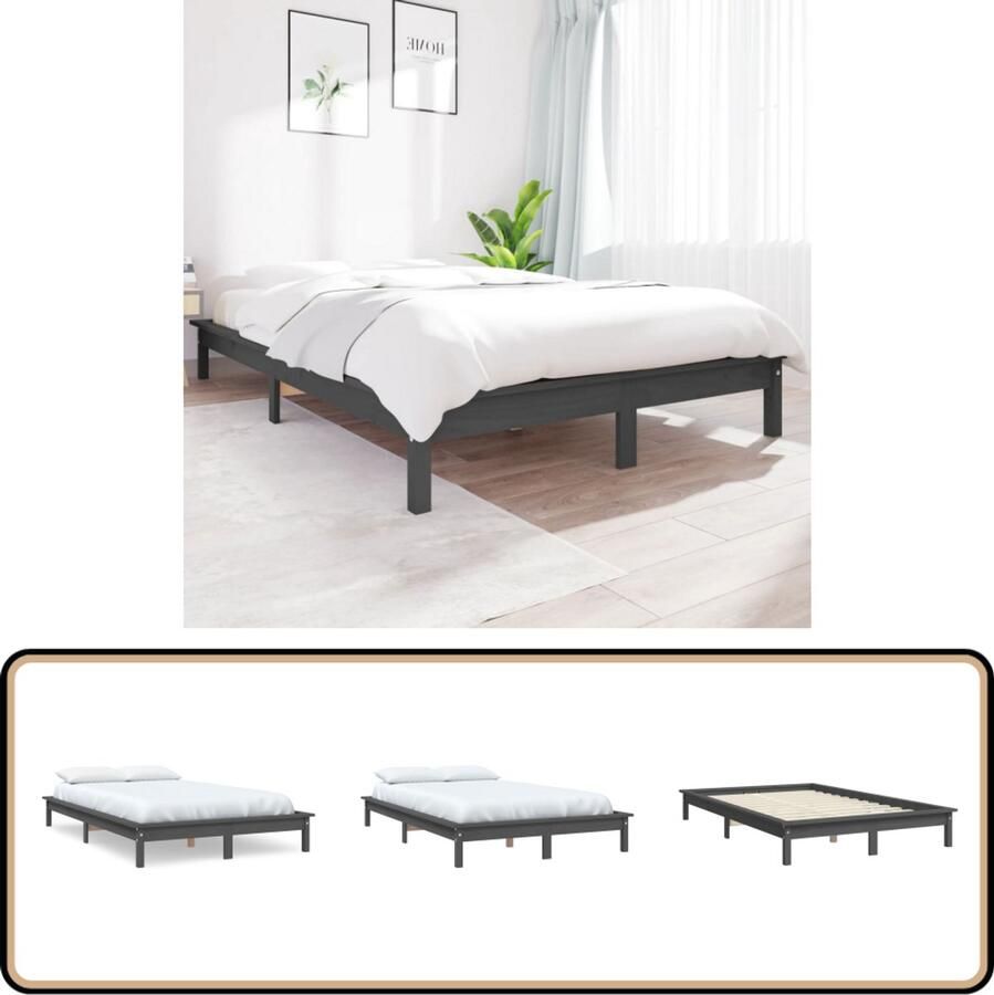VidaXL Bedframe Massief Grenenhout Grijs 140x190 cm Klassieke Bedden Houten Bed Grenenhouten Bed Grijs Bed Tweepersoons Bed Bedframe Boxspring Bed Hoofdbord