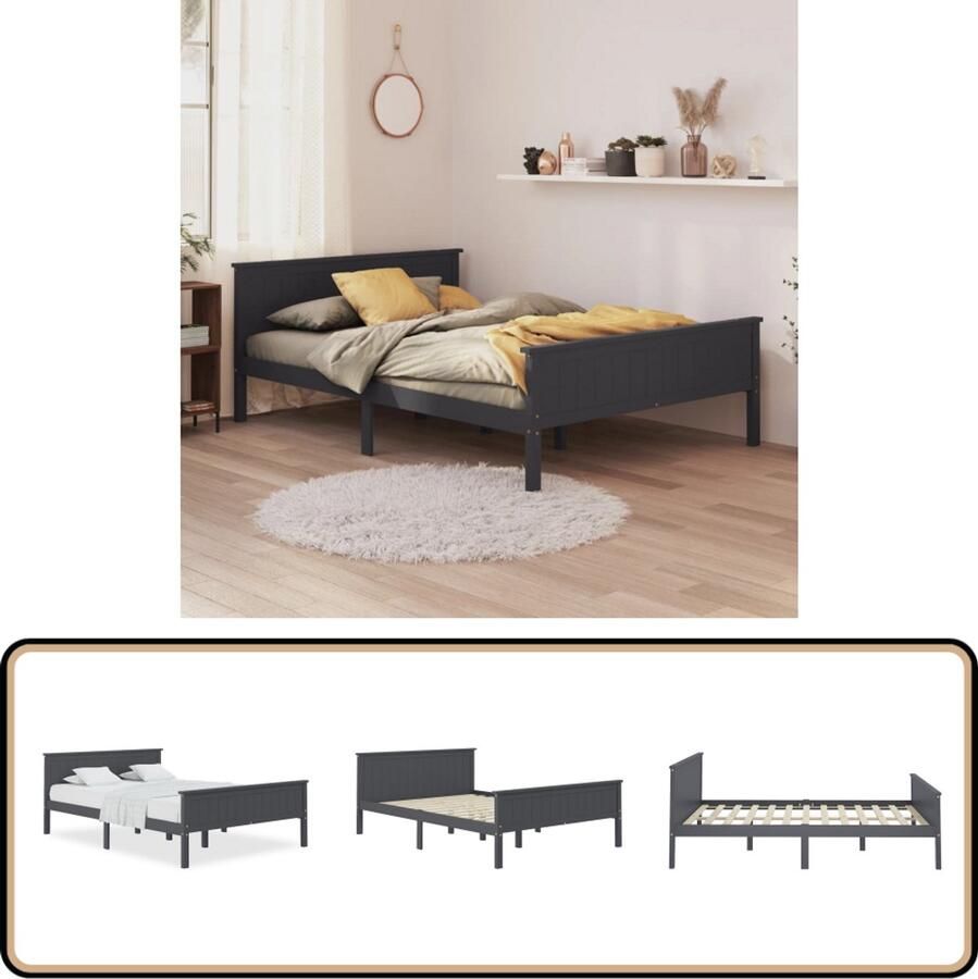 VidaXL Bedframe Massief Grenenhout Grijs 140x200 cm Bed Frame Houten Bedframe Tweepersoonsbed Massief Hout Grenenhout Grijs Bedframe