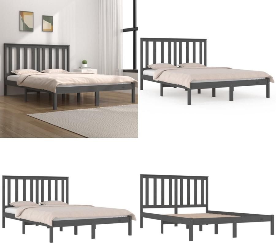 VidaXL Bedframe massief grenenhout grijs 200x200 cm Bedframe Bedframes Tweepersoonsbed Bed