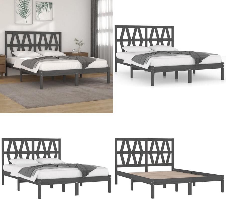 VidaXL Bedframe massief grenenhout grijs 200x200 cm Bedframe Bedframes Tweepersoonsbed Bed