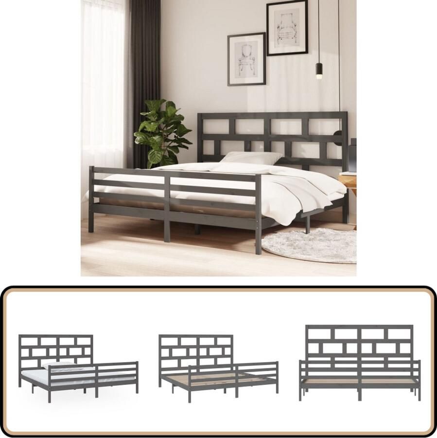 VidaXL Bedframe Massief Grenenhout Grijs 200x200 cm Bedframe Houten Bed Modern Bed Grieze Bed Tweepersoonsbed Boxspring Bed King Size Bed Master Bedroom Furniture