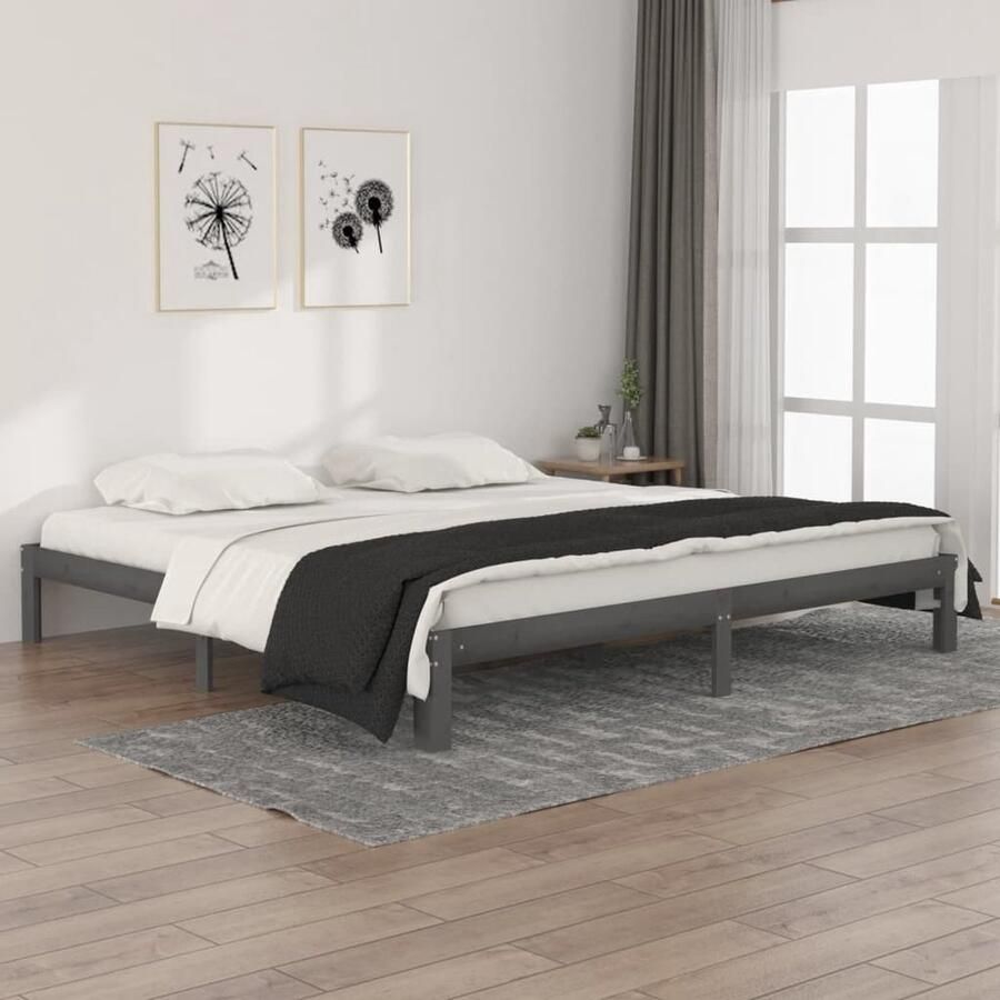 VidaXL Bedframe Massief Grenenhout Grijs 200x200 cm Houten Bedframe Grenenhout Bed Tweepersoons Bed Grijze Bed Modern Bed Stabiele Bed - Foto 2