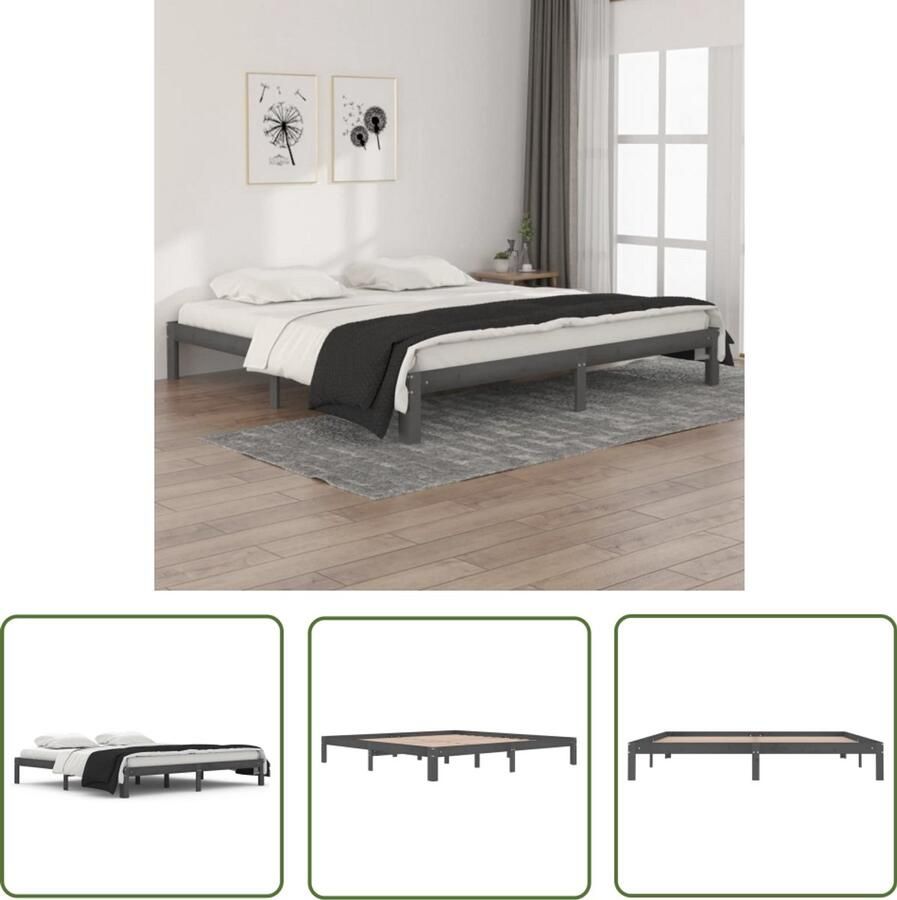 VidaXL Bedframe Massief Grenenhout Grijs 200x200 cm Houten Bedframe Grenenhout Bed Tweepersoons Bed Grijze Bed Modern Bed Stabiele Bed