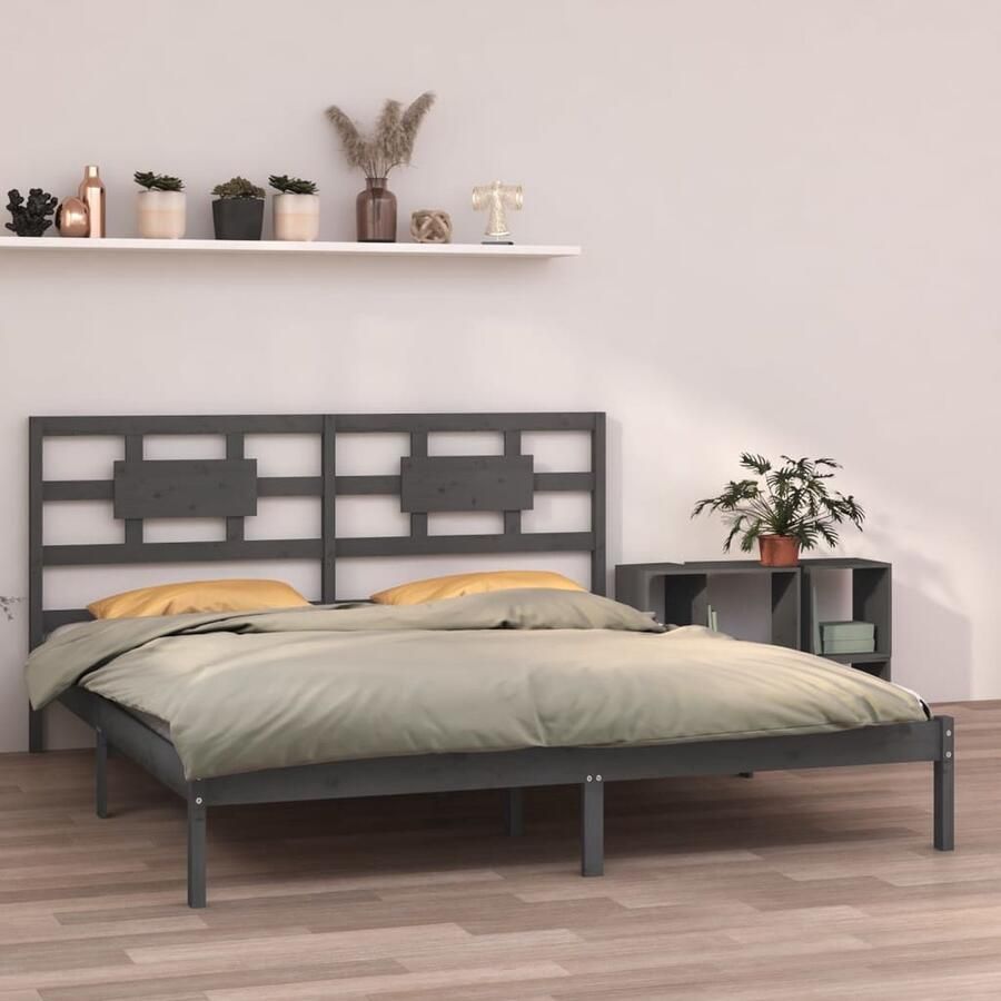 VidaXL Bedframe Massief Grenenhout Grijs 200x200 cm Houten Bedframe Grijs Bedframe Tweepersoons Bed King Size Bed Modern Bed Minimalistisch Bed Stapelbare Boxspring Bedbodems - Foto 2