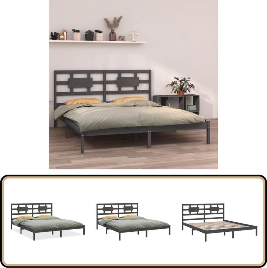 VidaXL Bedframe Massief Grenenhout Grijs 200x200 cm Houten Bedframe Grijs Bedframe Tweepersoons Bed King Size Bed Modern Bed Minimalistisch Bed Stapelbare Boxspring Bedbodems