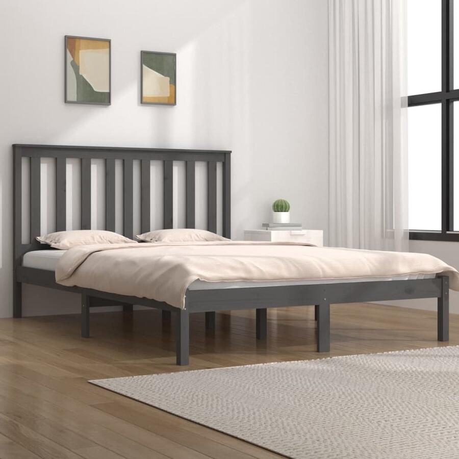 VidaXL Bedframe massief grenenhout Grijs 200x200 cm Houten Bedframe Massief Grenenhout Bedframe Grijs King Size Bed Tweepersoons Bed Boxspring Bed - Foto 2