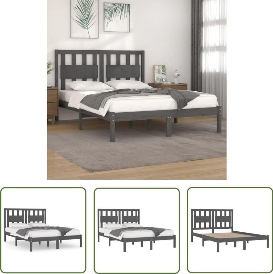 VidaXL Bedframe Massief Grenenhout Grijs 200x200 cm Houten Bedframe Massief Grenenhout Bedframe Grijs Tweepersoons Bed King Size Bed Boxspring Bed Hoofdbord Slaapcomfort