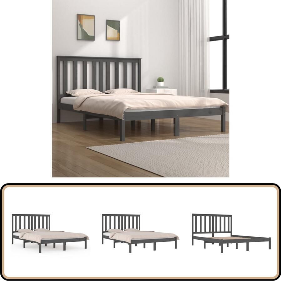 VidaXL Bedframe massief grenenhout Grijs 200x200 cm Houten Bedframe Massief Grenenhout Bedframe Grijs King Size Bed Tweepersoons Bed Boxspring Bed