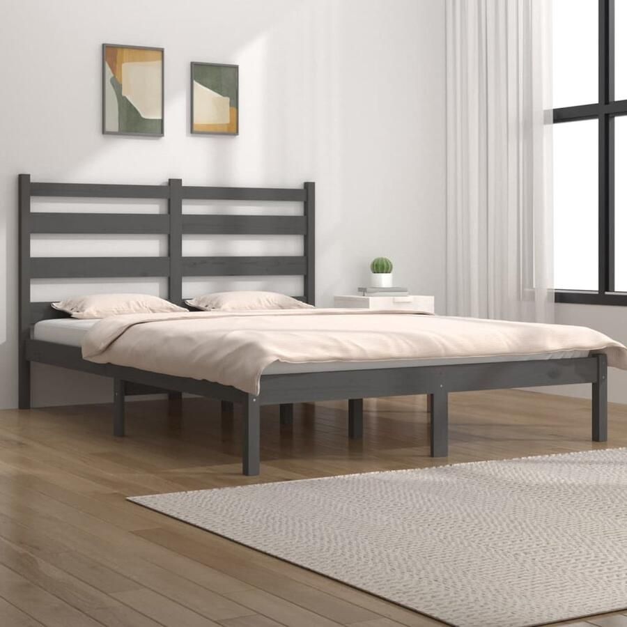 VidaXL Bedframe Massief Grenenhout Grijs 200x200 cm Houten Bedframe Massief Hout Grenenhout Bedframe King Size Bedframe Dubbel Bedframe Grijs Hoofdeinde Bedframe - Foto 2