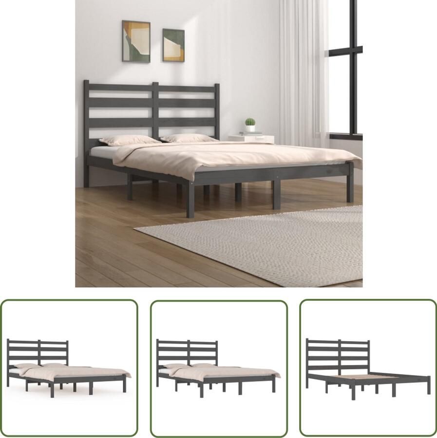VidaXL Bedframe Massief Grenenhout Grijs 200x200 cm Houten Bedframe Massief Hout Grenenhout Bedframe King Size Bedframe Dubbel Bedframe Grijs Hoofdeinde Bedframe