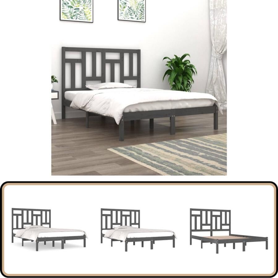 VidaXL Bedframe Massief Grenenhout Grijs 200x200 cm Houten Bedframe Tweepersoons Bed Grenenhout Bed Grijze Bedbank Modern Bed