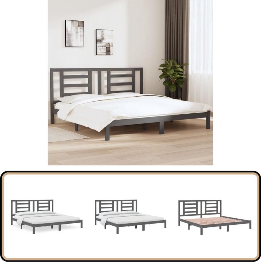 VidaXL Bedframe Massief Grenenhout Grijs 200x200 cm Houten Bedframe Tweepersoons Bed Massief Grenenhout Grijze Bedbank Modern Bed