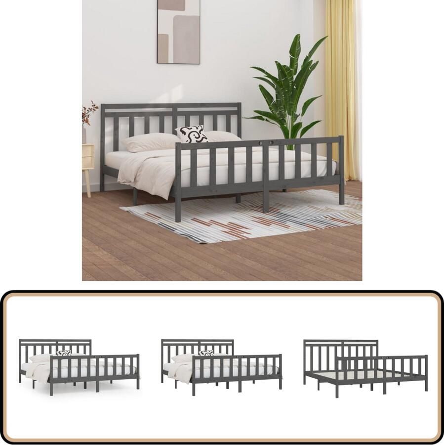 VidaXL Bedframe Massief Grenenhout Grijs 200x200 cm Klassieke Bed Frame Houten Bed Frame Tweepersoons Bed Grenenhout Bed Frame Grijze Bed Frame