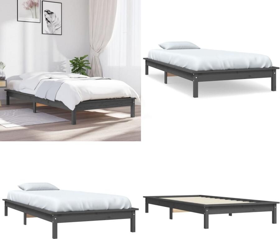 VidaXL Bedframe massief grenenhout grijs 90x200 cm Bedframe Bedframes Bed Bedbodem