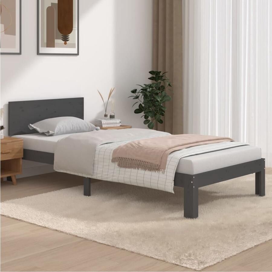 VidaXL Bedframe Massief Grenenhout Grijs 90x200 cm Houten Bed Frame Massief Grenenhout Bed Enkelpersoons Bed Grijs Bed Frame Bed Frame 90x200 Bed Frame Met Hoofdeinde - Foto 2