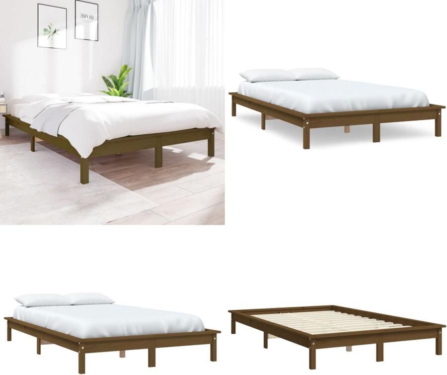 VidaXL Bedframe massief grenenhout honingbruin 135x190 cm Bedframe Bedframes Bed Bedbodem