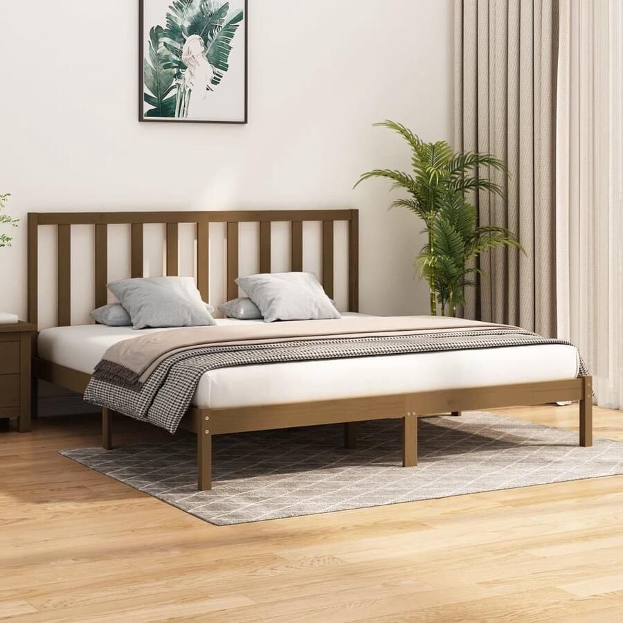 VidaXL Bedframe massief grenenhout honingbruin 200x200 Wooden Bed Frame Wooden Bed Double Bed Pine Wood Furniture Bedroom Furniture Honey Brown Color - Foto 2