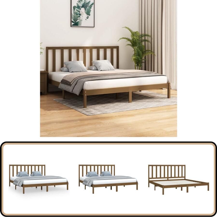 VidaXL Bedframe massief grenenhout honingbruin 200x200 Wooden Bed Frame Wooden Bed Double Bed Pine Wood Furniture Bedroom Furniture Honey Brown Color