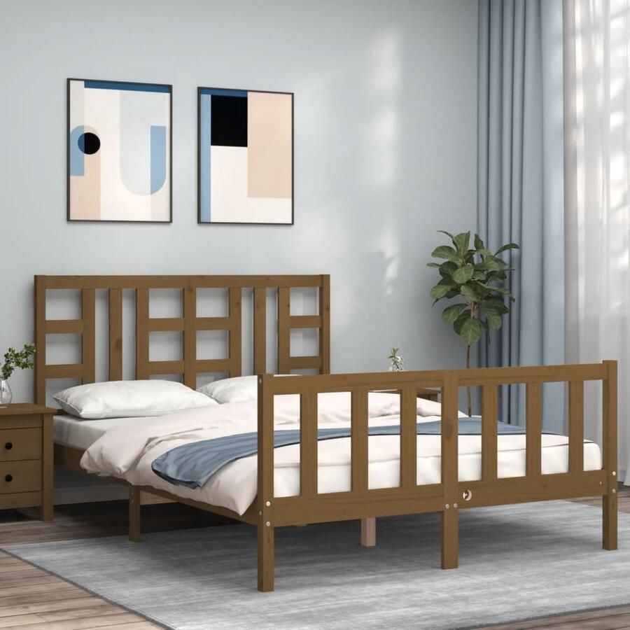 VidaXL Bedframe Massief Grenenhout Honingbruin Massief Grenen Bed Frame Honingbruin Bed Tweepersoons Bed King Size Bed Houten Bed Met Hoofdbord - Foto 2