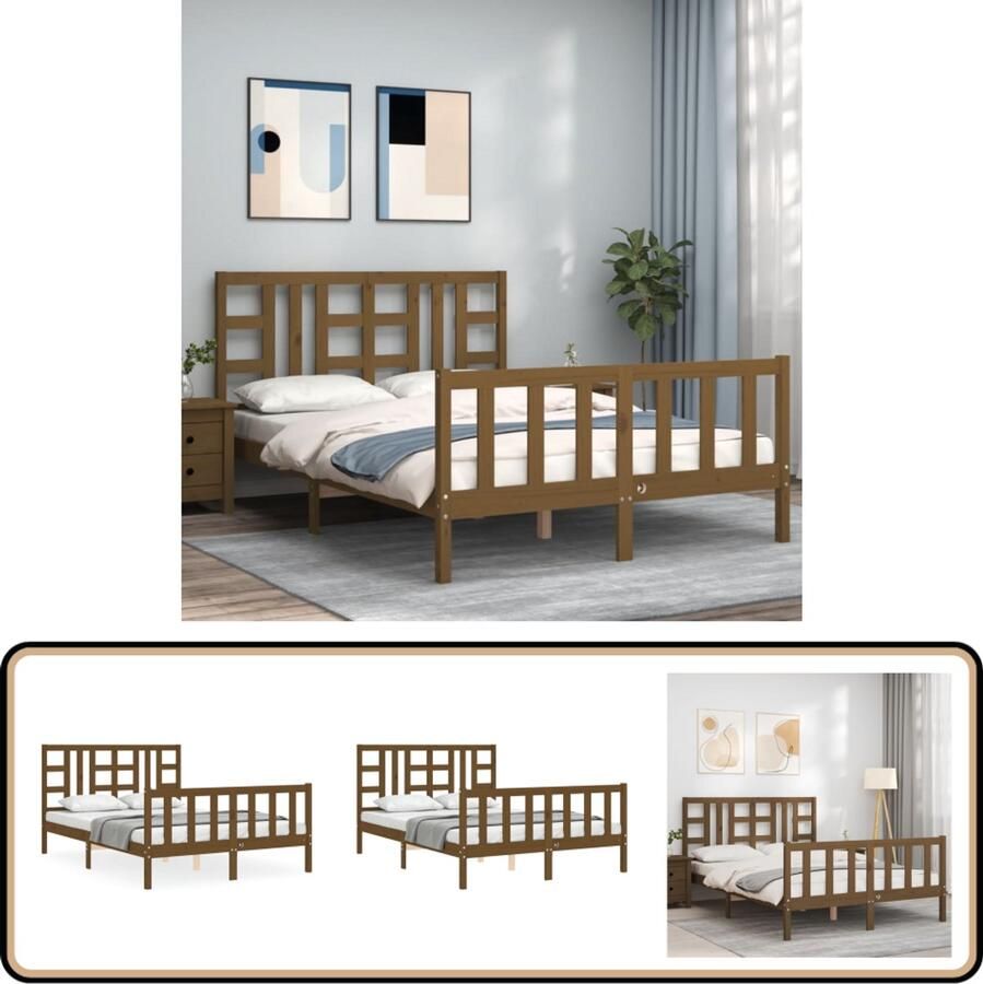 VidaXL Bedframe Massief Grenenhout Honingbruin Massief Grenen Bed Frame Honingbruin Bed Tweepersoons Bed King Size Bed Houten Bed Met Hoofdbord
