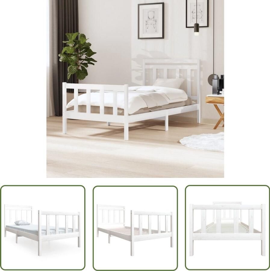 VidaXL Bedframe Massief Grenenhout Wit 100x200 cm Bedframe Tweepersoonsbed Bed Houten Bed Witte Bed Bedframe