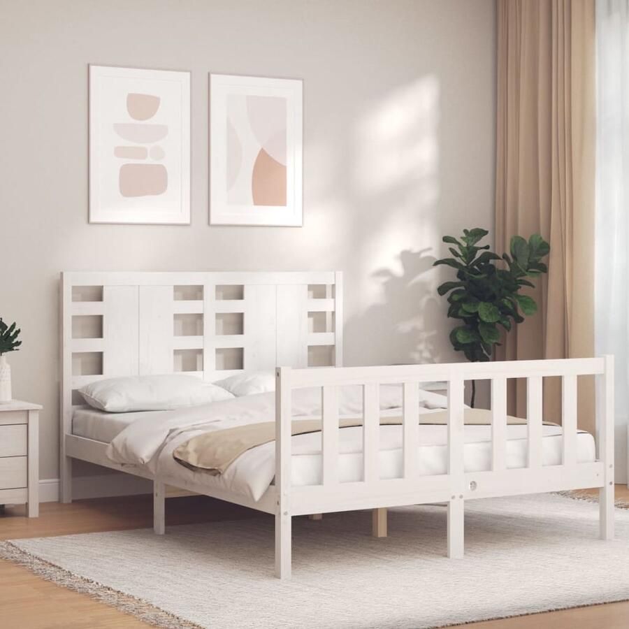 VidaXL Bedframe massief hout wit 135x190 cm Massief Grenenhouten Bed Wit Bed Frame Boxspring Bed Tweepersoonsbed King Size Bed Slaapkamer Meubels - Foto 3