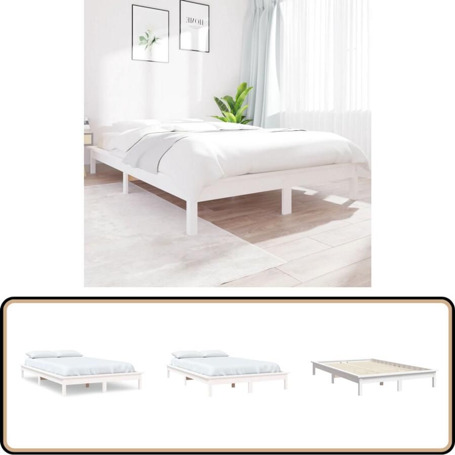 VidaXL Bedframe Massief Grenenhout Wit 135x190 cm Houten Bed Massief Grenenhout Bedframe Wit Bed Tweepersoons Bed