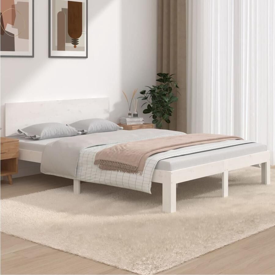 VidaXL Bedframe Massief Grenenhout Wit 135x190 cm Massief Houten Bed Wit Bed Frame Boxspring Bed Tweepersoonsbed Slaapcomfort Modern Design Bedroom Furniture - Foto 2