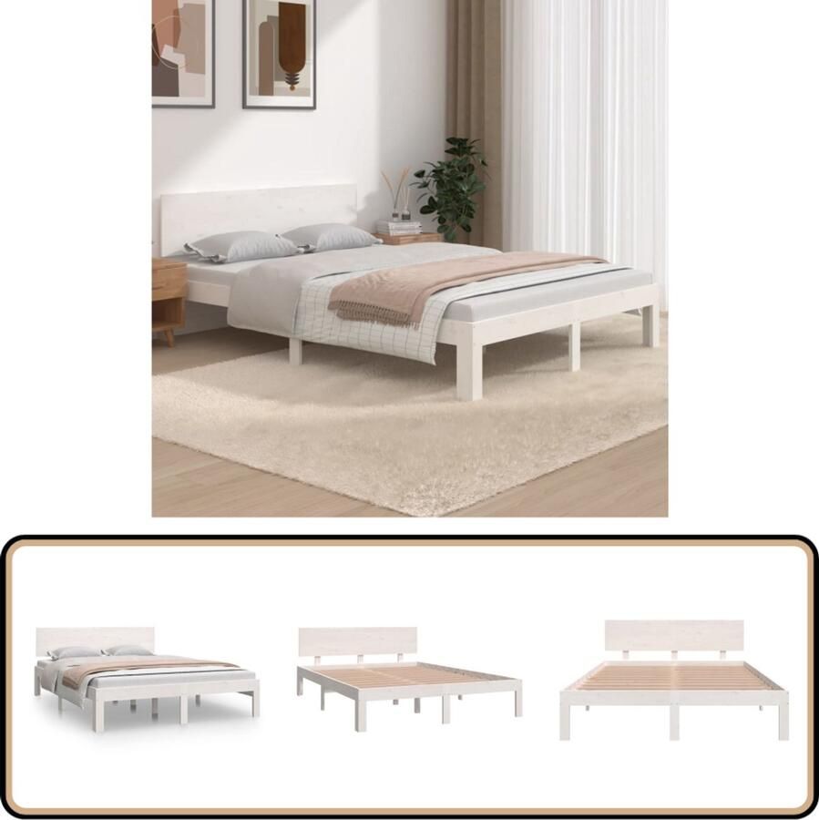VidaXL Bedframe Massief Grenenhout Wit 135x190 cm Massief Houten Bed Wit Bed Frame Boxspring Bed Tweepersoonsbed Slaapcomfort Modern Design Bedroom Furniture