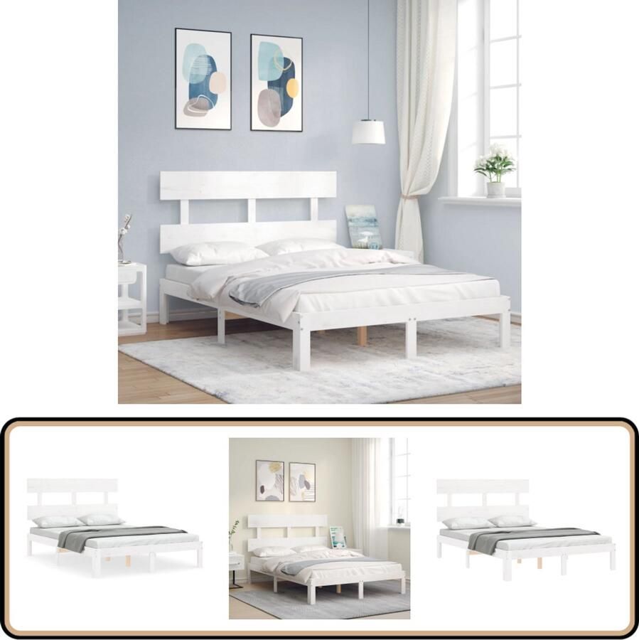 VidaXL Bedframe Massief Grenenhout Wit 140x190 cm Massief Grenenhouten Bed Frame Wit Bed Frame Tweepersoons Bed Met Hoofdbord Slaapkamer Meubels