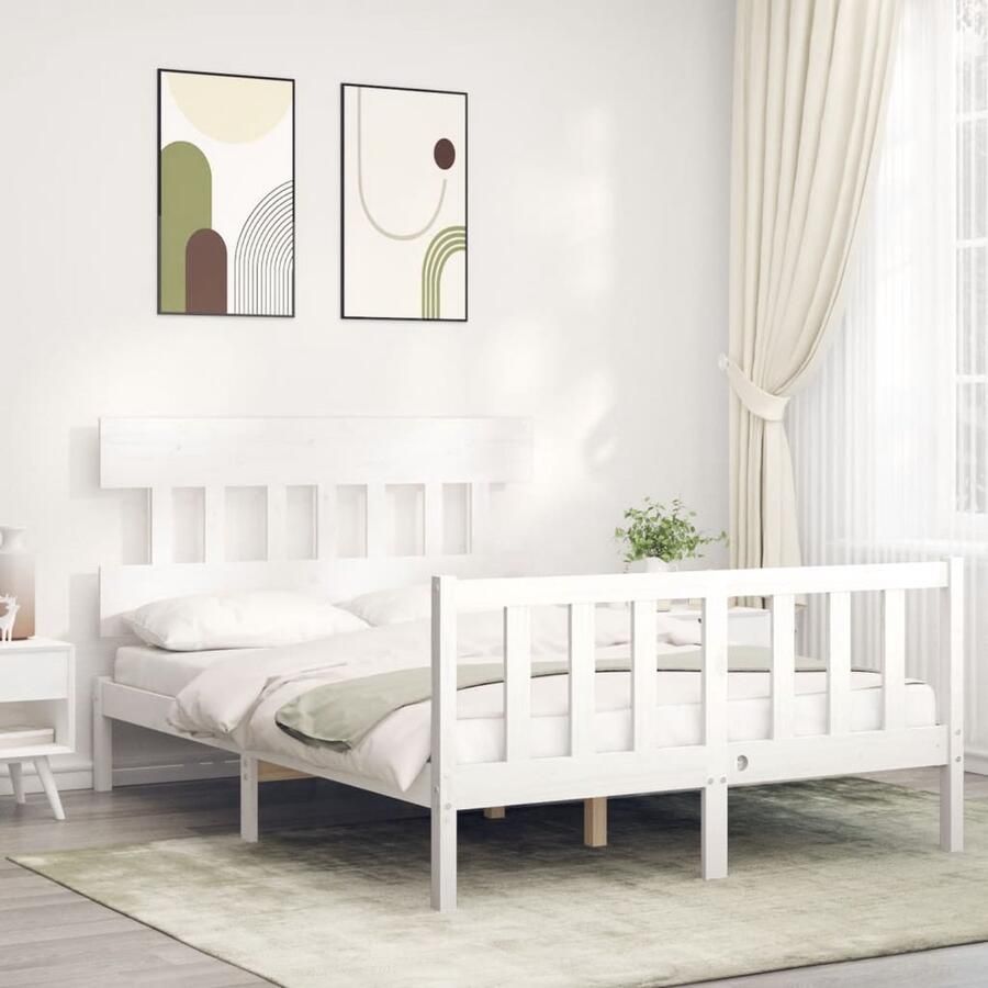 VidaXL Bedframe Massief Grenenhout Wit 140x190 cm Massief Hout Bed Grenenhout Bed Witte Bed Frame Tweepersoons Bed Slaapkamer Meubels Bed Met Lattenbodem - Foto 2
