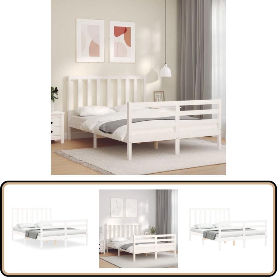 VidaXL Bedframe Massief Grenenhout Wit 140x200 cm Massief Hout Bed Grenenhout Bed Tweepersoons Bed Witte Bed Frame Bed Met Hoofdeind