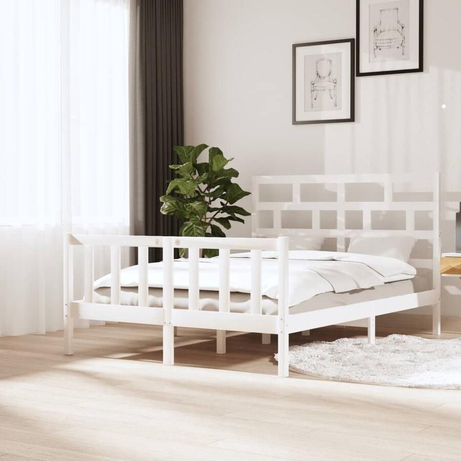 VidaXL Bedframe Massief Grenenhout Wit 140x200cm Houten Bedframe Tweepersoons Bed Wit Bed Massief Grenenhout Bed Modern Bed Design Bed Met Hoofdeinde - Foto 2