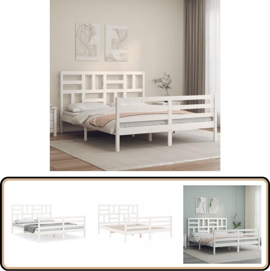 VidaXL Bedframe Massief Grenenhout Wit 150x200 cm Massief Houten Bed Frame Tweepersoons Bed Wit Bed Frame Bed Frame Met Hoofdbord Slaapkamer Meubels
