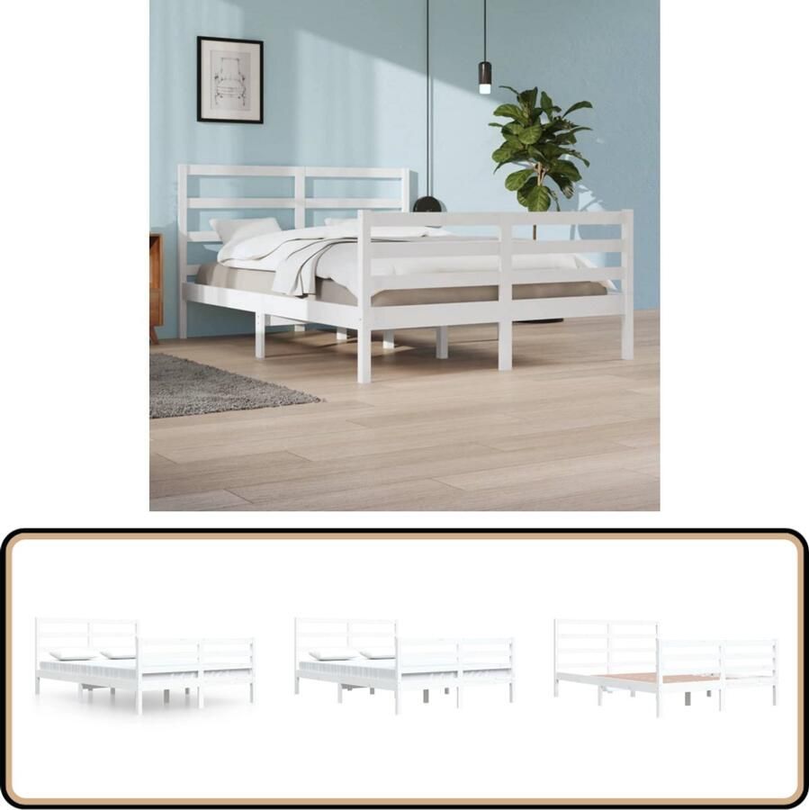 VidaXL Bedframe Massief Grenenhout Wit 160x200 cm Houten Bedframe Tweepersoons Bed Bedframe Wit Grenenhout Bedframe Bed 160x200 Hoofdbord
