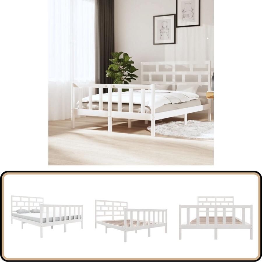 VidaXL Bedframe massief grenenhout Wit 160x200 cm Houten Bedframe Tweepersoons Bed Modern Bed Grenenhout Bed Witte Bed