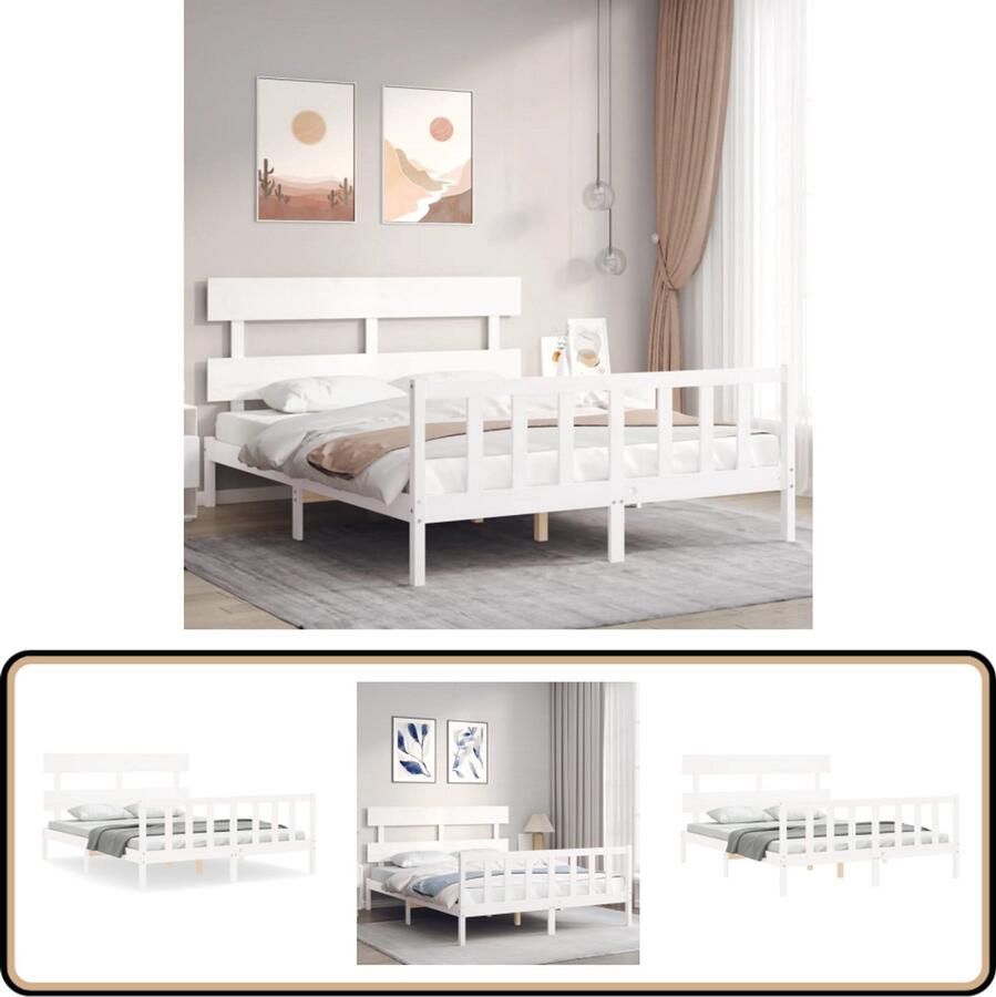 VidaXL Bedframe Massief Grenenhout Wit 160x200 cm Massief Grenenhouten Bed Tweepersoons Bed Witte Bed Frame Hoofd- En Voeteneinde Lattenbodem