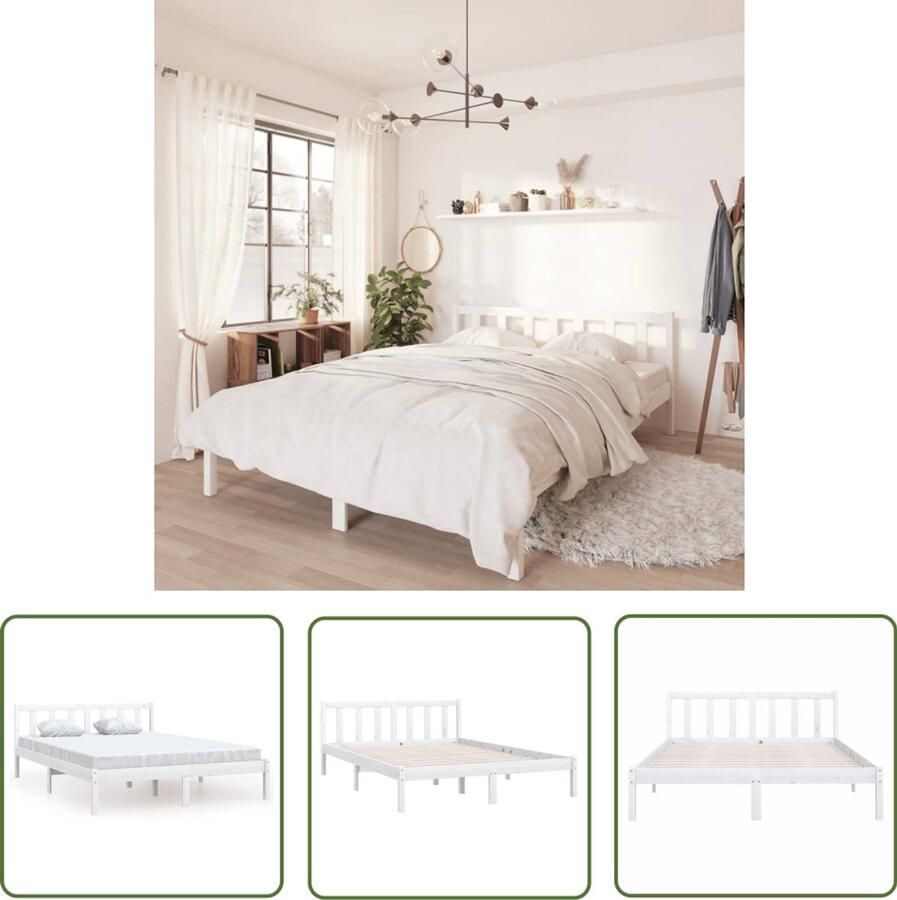 VidaXL Bedframe Massief Grenenhout Wit 160x200 cm Modern Bed Frame Grenenhout Bedframe Witte Bedframe Tweepersoons Bed Slaapcomfort Design Bed Bedroom Furniture Hout Bedframe Bedstede