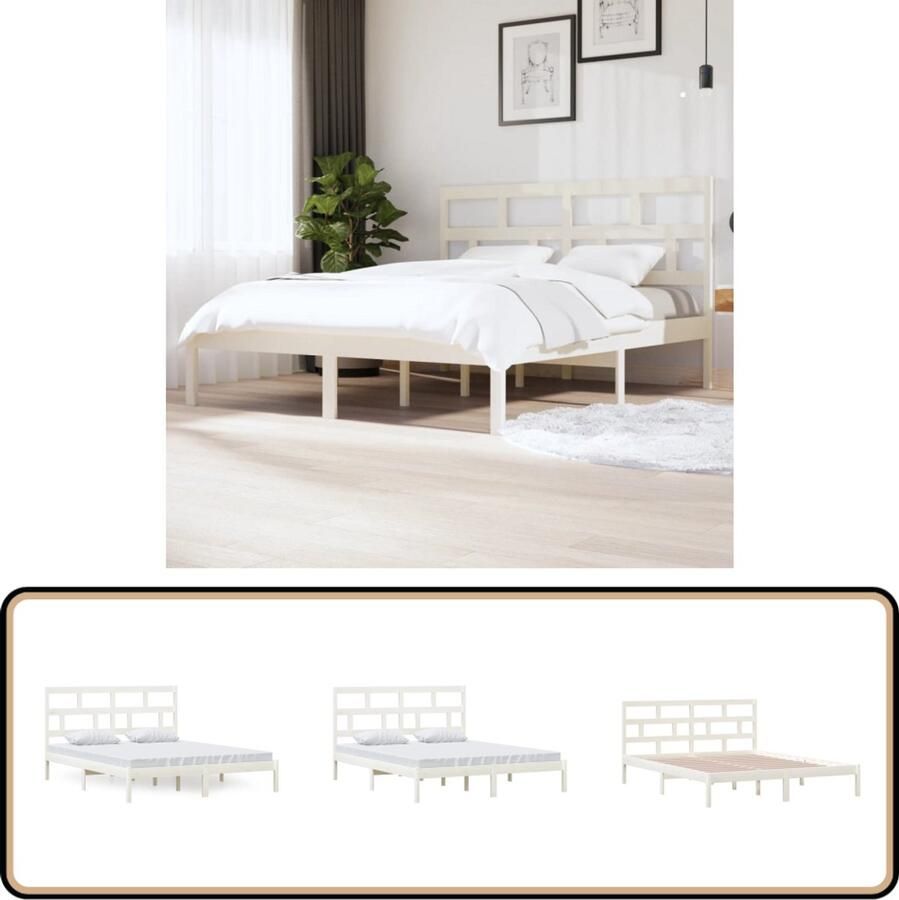 VidaXL Bedframe Massief Grenenhout Wit 160x200 cm Modern Bed Frame Houten Bed Tweepersoons Bed Witte Bed Grenenhouten Bed