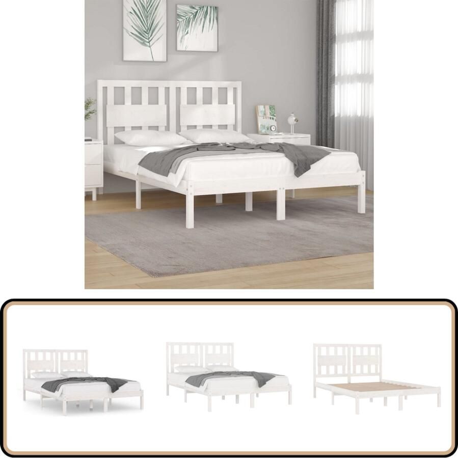 VidaXL Bedframe Massief Grenenhout Wit 180x200 cm Houten Bedframe Massief Grenenhout Tweepersoonsbed Bedframe Wit King Size Bed