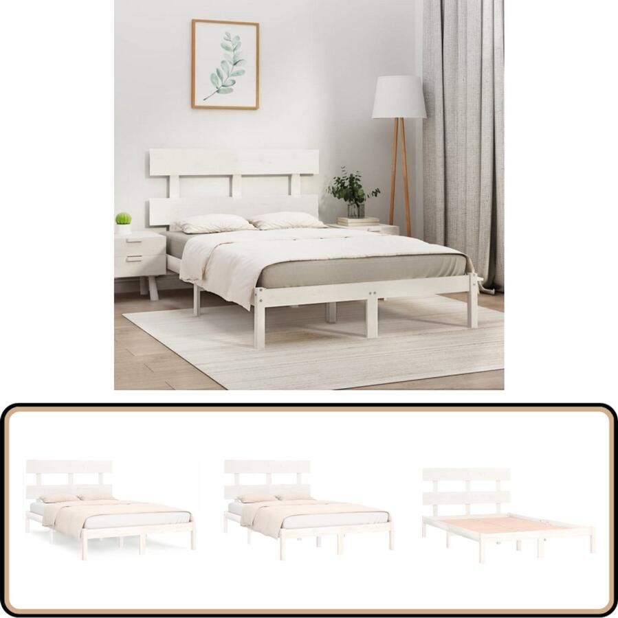 VidaXL Bedframe Massief Grenenhout Wit 180x200 cm Houten Bedframe Tweepersoonsbed King Size Bed Bedframe Wit Bedhead