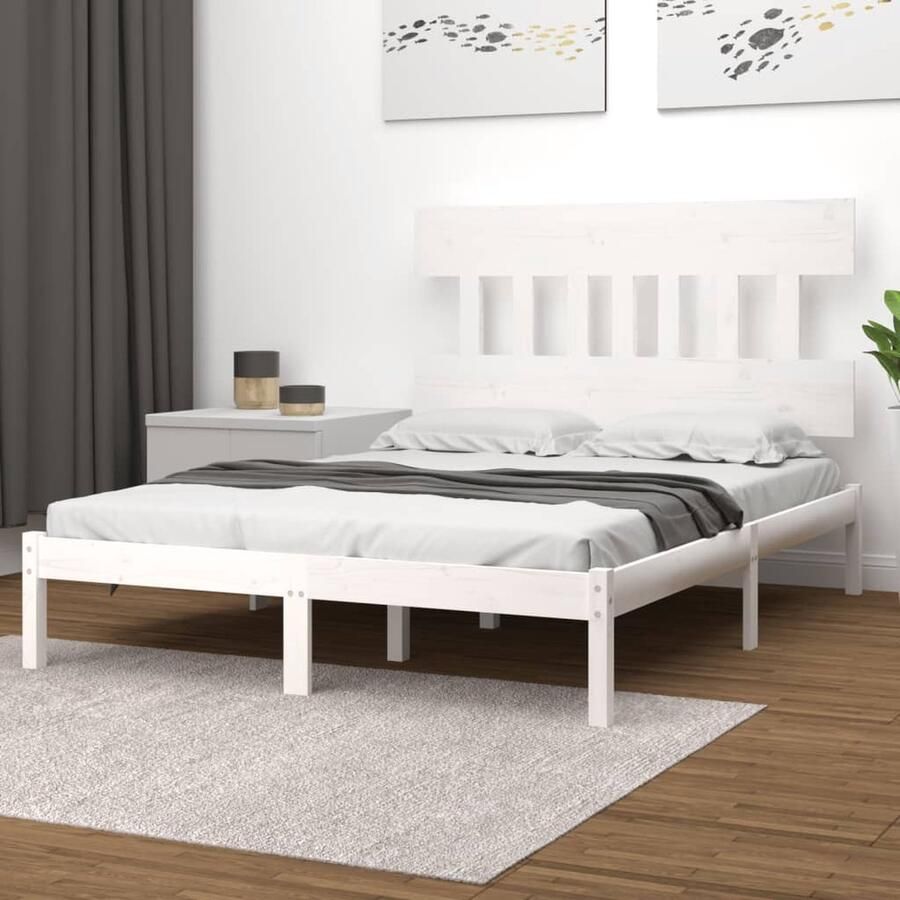 VidaXL Bedframe Massief Grenenhout Wit 200x200 cm Houten Bedframe Massief Grenenhout Bedframe 200x200 Hoofdbord Modern Bed Minimalistisch Bed Wit Bed - Foto 3