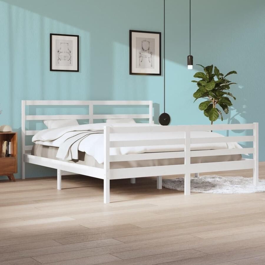 VidaXL Bedframe Massief Grenenhout Wit 200x200 cm Houten Bedframe Massief Grenenhout Bedframe Wit King Size Bed Tweepersoonsbed Stapelbare Boxspring Hoofdbord - Foto 2