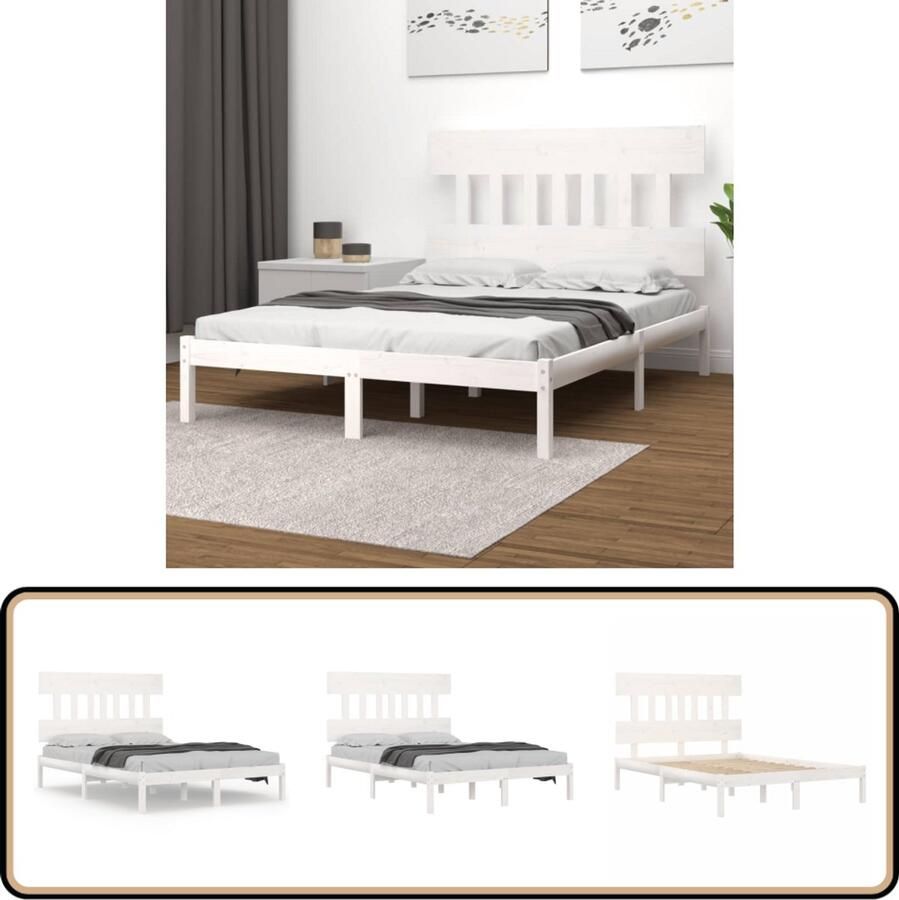 VidaXL Bedframe Massief Grenenhout Wit 200x200 cm Houten Bedframe Massief Grenenhout Bedframe 200x200 Hoofdbord Modern Bed Minimalistisch Bed Wit Bed